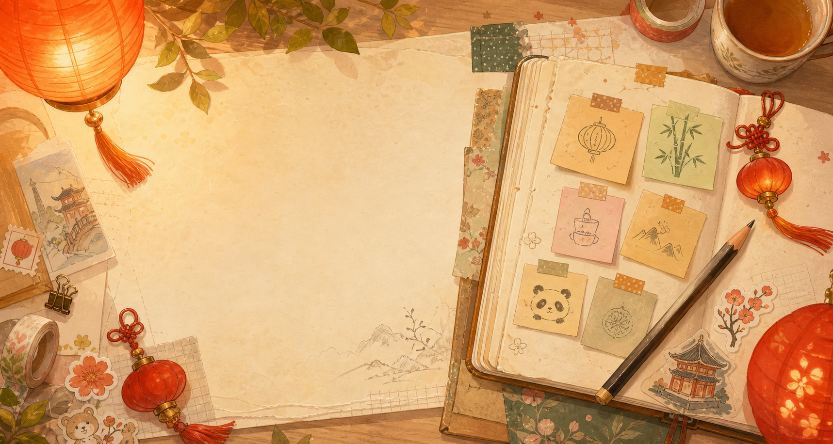 A lantern-lit scrapbook language journal desk